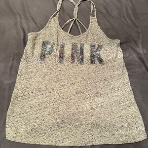 PINK Victoria's Secret Heather Gray Strappy Tank with Iridescent Sequin Logo